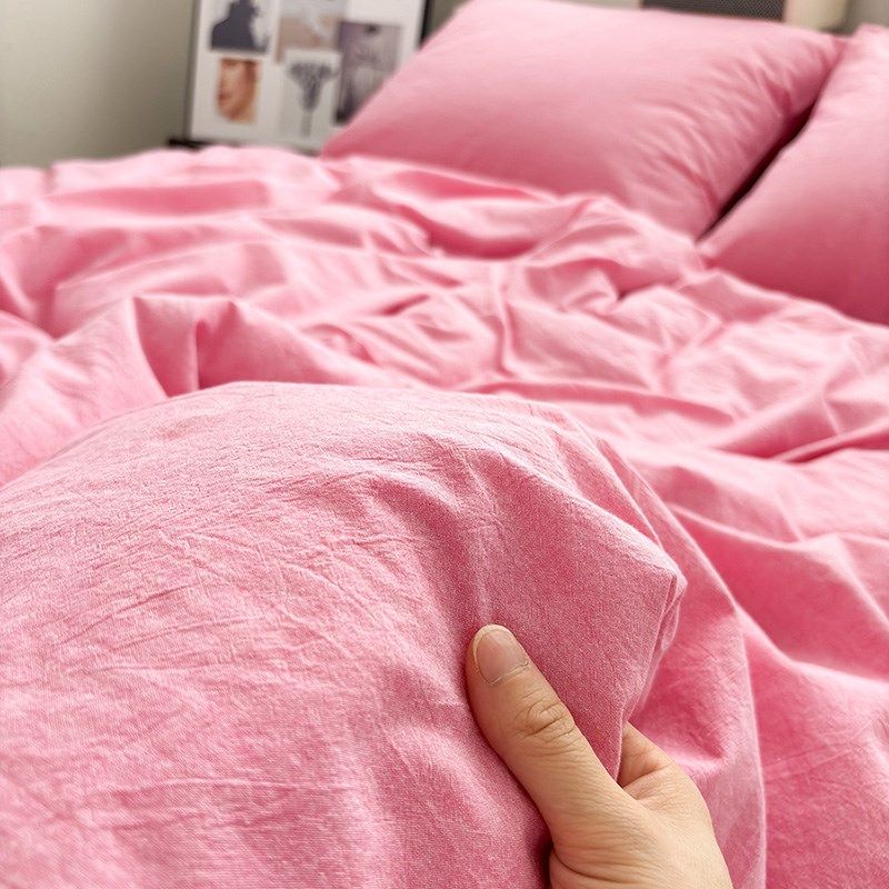 水洗棉玫红四件套被套床r单床上用品学生宿舍单人三件套全棉四季
