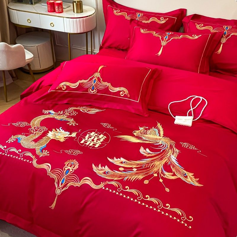 龙凤刺绣婚庆四件套大红色床单被套全棉R结婚床上用品婚房