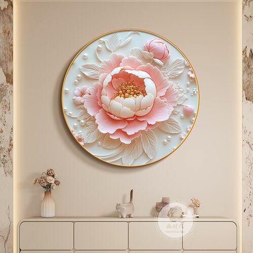 牡丹花圆形挂画奶油风客厅装w饰画高级感玄关画花开富贵卧室床头