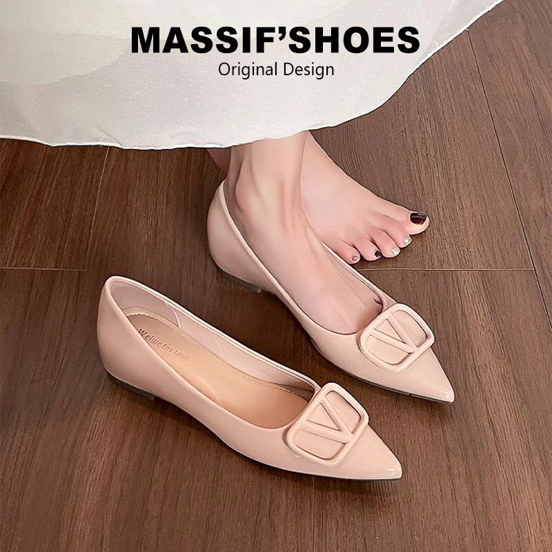 裸色尖头单鞋女2025夏V扣内增高通勤鞋浅口平底瓢鞋大码鞋41到43