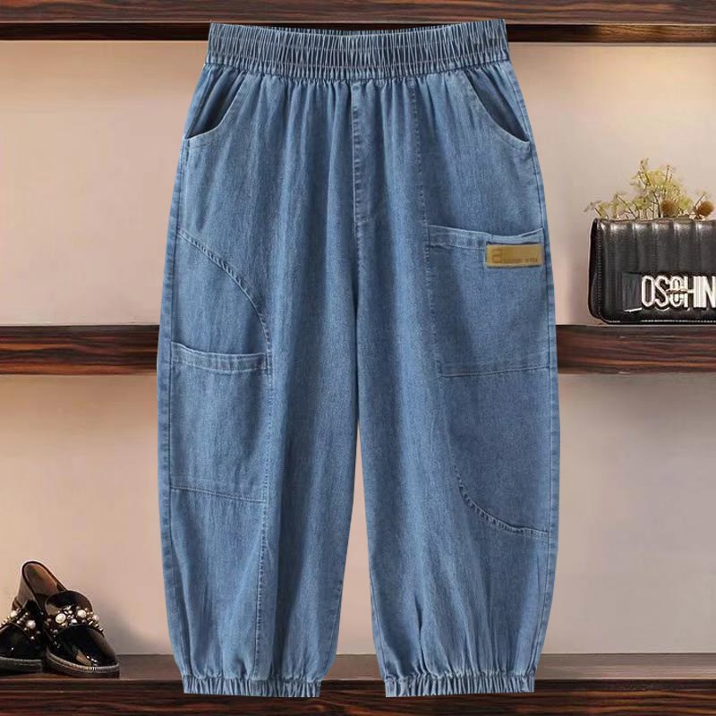 加肥加大码高腰老爹裤夏装薄款束脚裤子中老年妈妈牛仔裤六分裤女