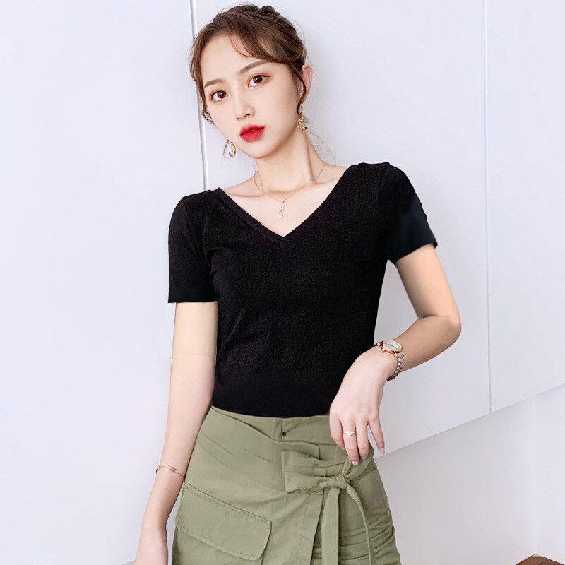 纯棉瑜伽舞蹈练功服短袖女t恤打底衫显瘦半袖鸡心领大V领低领上衣