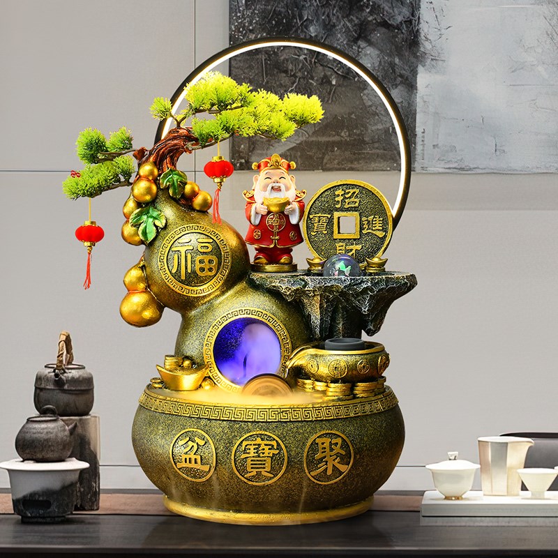 中式聚宝盆流水摆件循环水葫芦财神爷客厅办公室招财装饰品