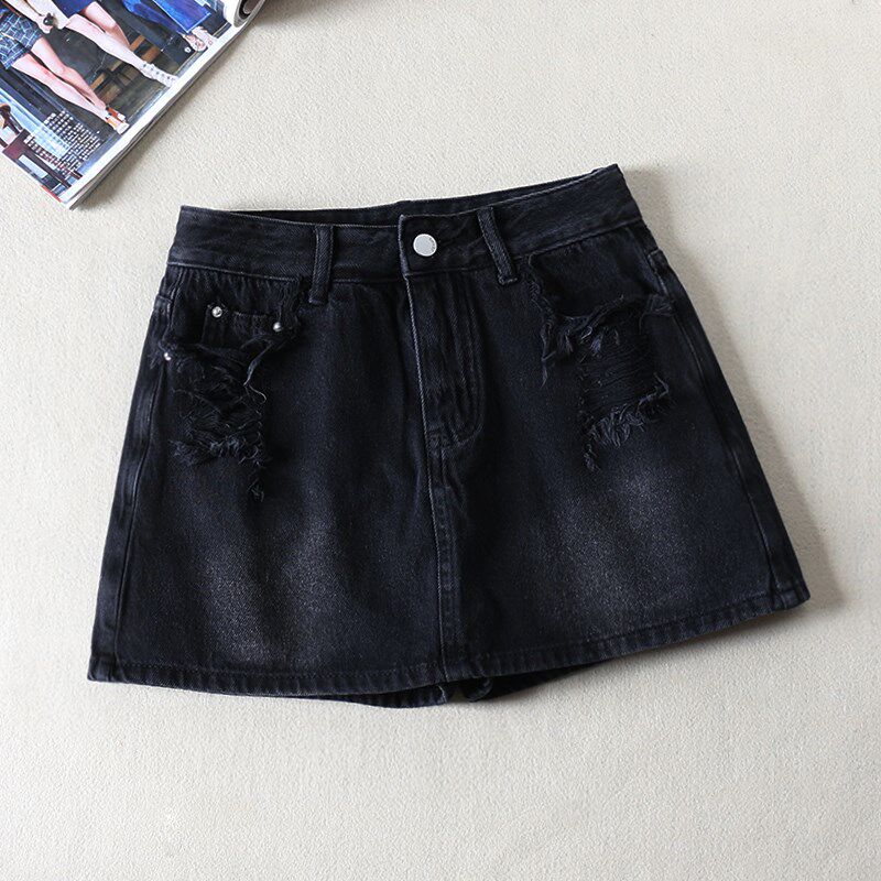 黑色破洞牛仔半身裙女夏季a字短裙中腰百搭显瘦假两件防走光裙裤