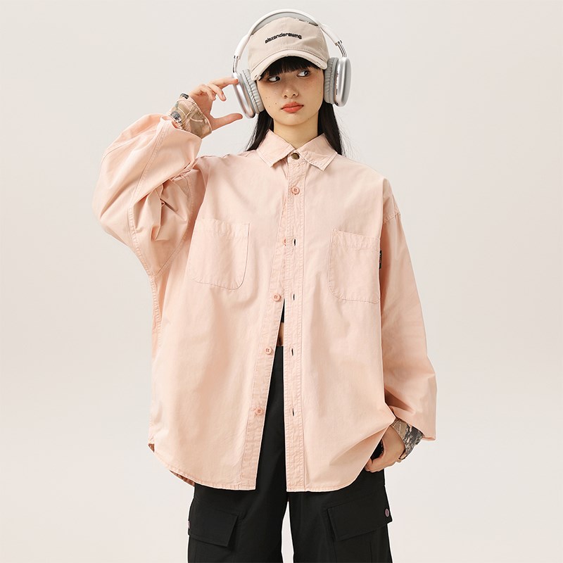 美式复古纯色工装长袖衬衫男2025春季宽松情侣翻领纯棉衬衣外套潮