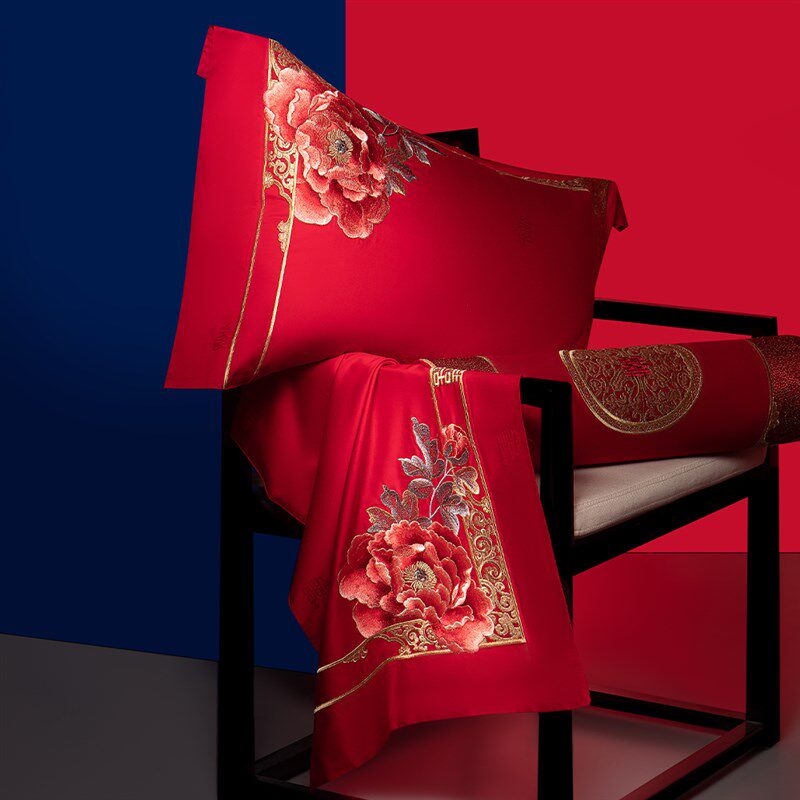 思辰婚庆b四件套结婚床上用品中式大红婚嫁婚床喜被全棉新婚礼