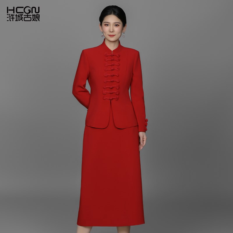 中式春秋手工盘扣修身显瘦高定时尚气质长袖立领职业西服女士套装