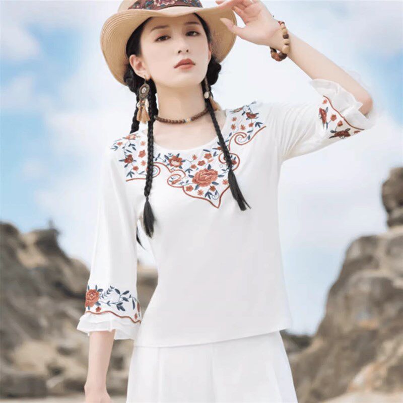 民族风女2024春秋新款重工刺绣花拼接T恤文艺复古百搭打底衫上衣