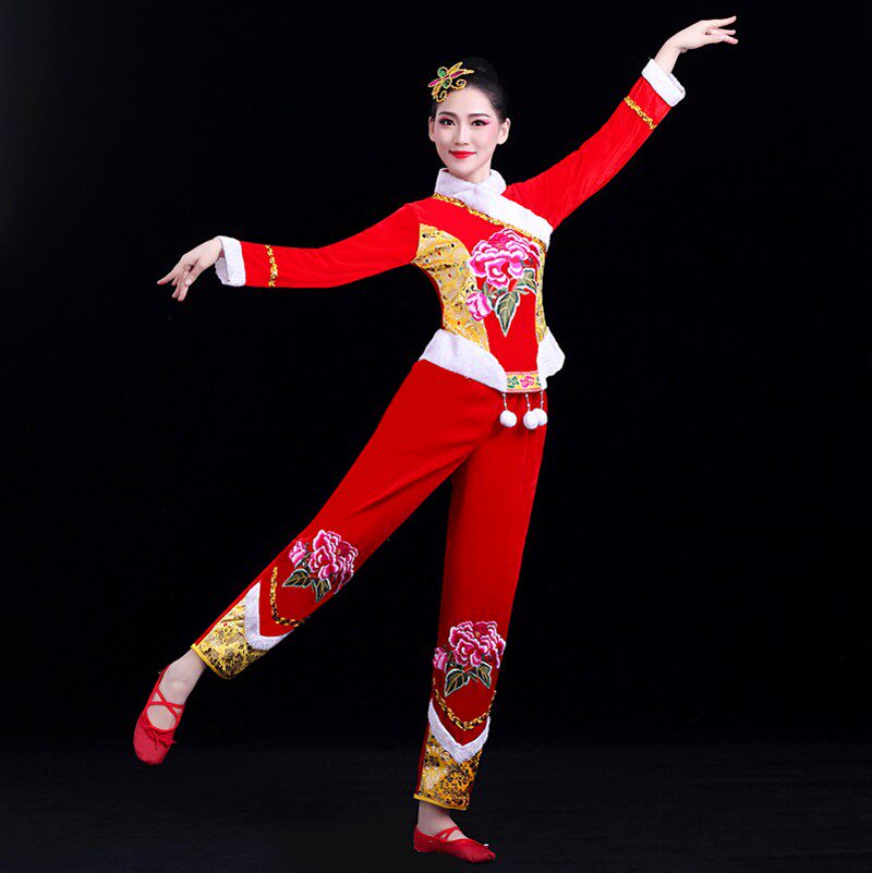 秧歌服女演出服装中老年喜庆腰鼓扇子广场舞套装2021新款冬季加厚