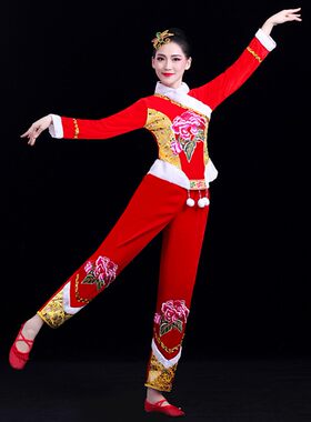 秧歌服女演出服装中老年喜庆腰鼓扇子广场舞套装2021新款冬季加厚