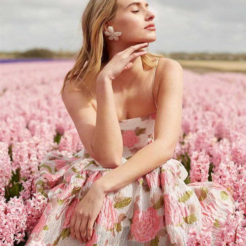抹胸吊带连衣裙夏季长裙重工花朵刺绣A字甜美宽松高腰蓬蓬裙