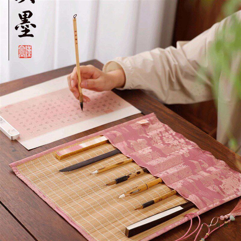 织锦竹制笔卷彩色简约笔袋古风新竹帘老竹色透气笔帘袋收纳袋