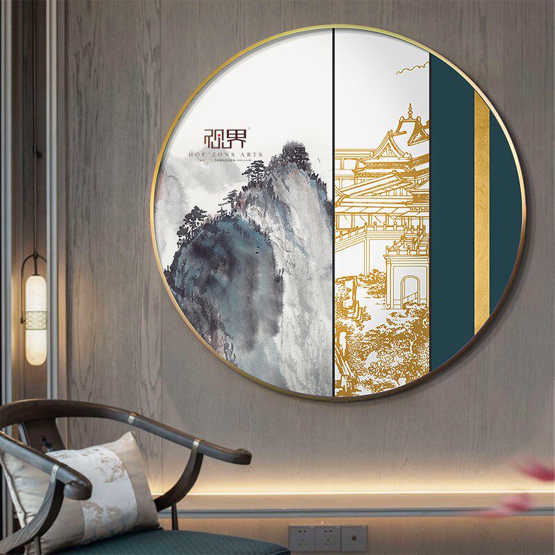 新中式圆框风景入户玄关画客厅背景定制大幅壁画餐厅单幅圆满寓意