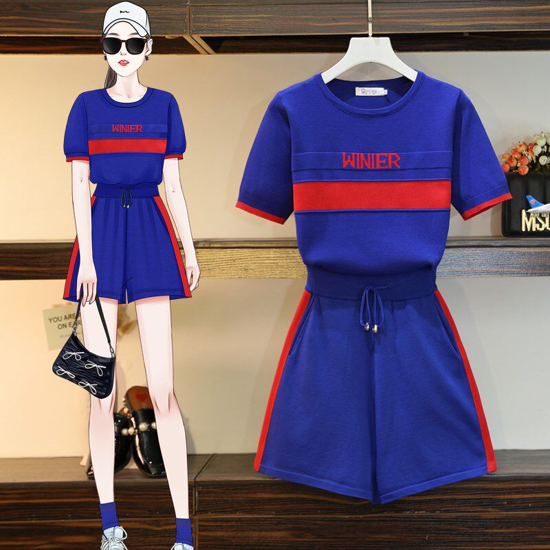 夏季新款2025休闲五分阔腿短裤套装女时尚冰丝针织薄款短袖两件套