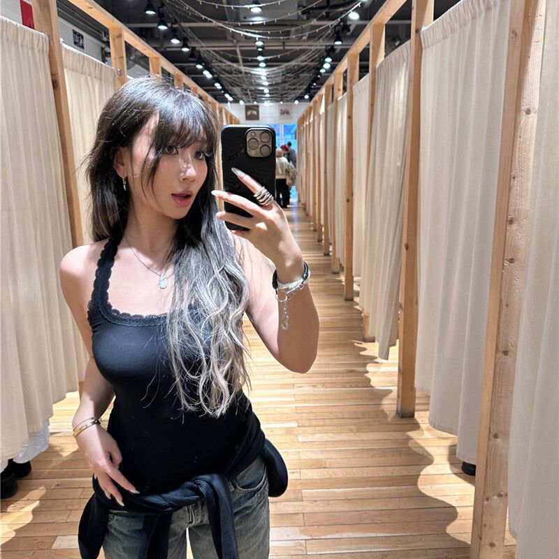 经典百搭款蕾丝花边吊带背心女方领纯欲修身弹力内搭工字短款上衣