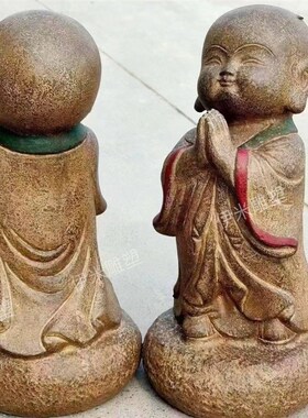 石雕小沙弥抬头合十小和尚庭院花园禅意景观青石仿古真石蜡台摆件
