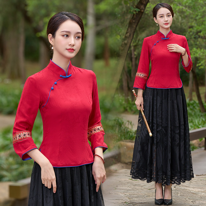 红色薄款中国风透气九分袖改良旗袍两件式上衣民族风外嫁女回娘家