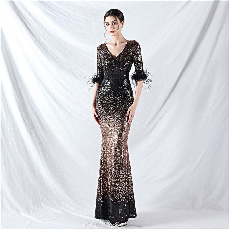 晚礼服女轻奢高级感气质端庄大气渐变色亮片爆闪主持人长款连衣裙