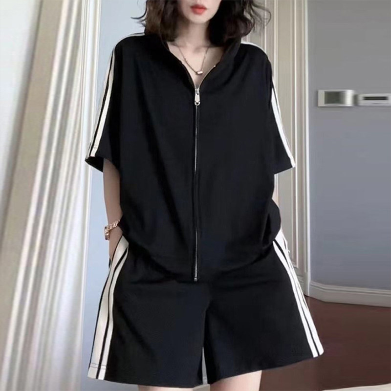 夏季套装女2025新款休闲时尚洋气减龄黑色运动短袖短裤大码两件套