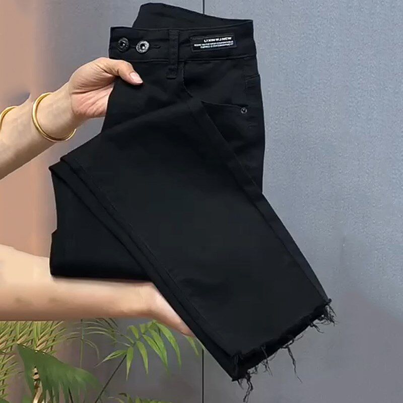 大码女装黑色烟管牛仔裤子女胖MM修身显瘦高腰弹力毛边九分直筒裤