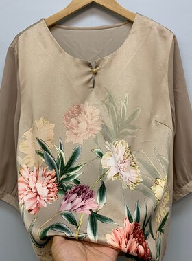 妈妈夏装50岁中年妇女时尚短袖真丝T恤中老年人宽松加大码上衣服