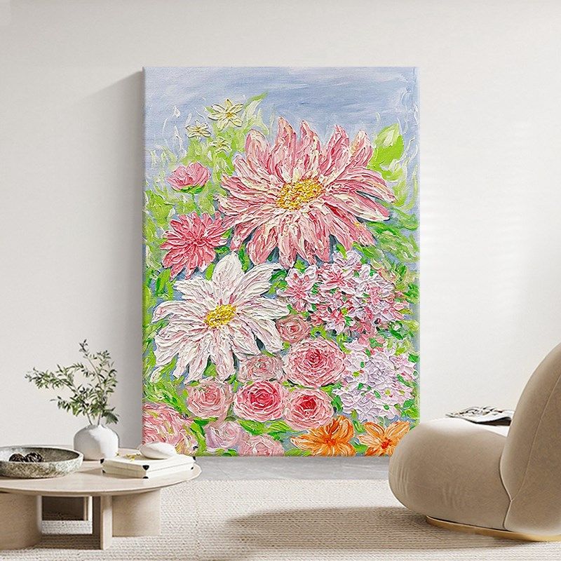 奶油风粉色花卉手绘油画客厅抽象艺术高级感装饰壁画玄关肌理挂画