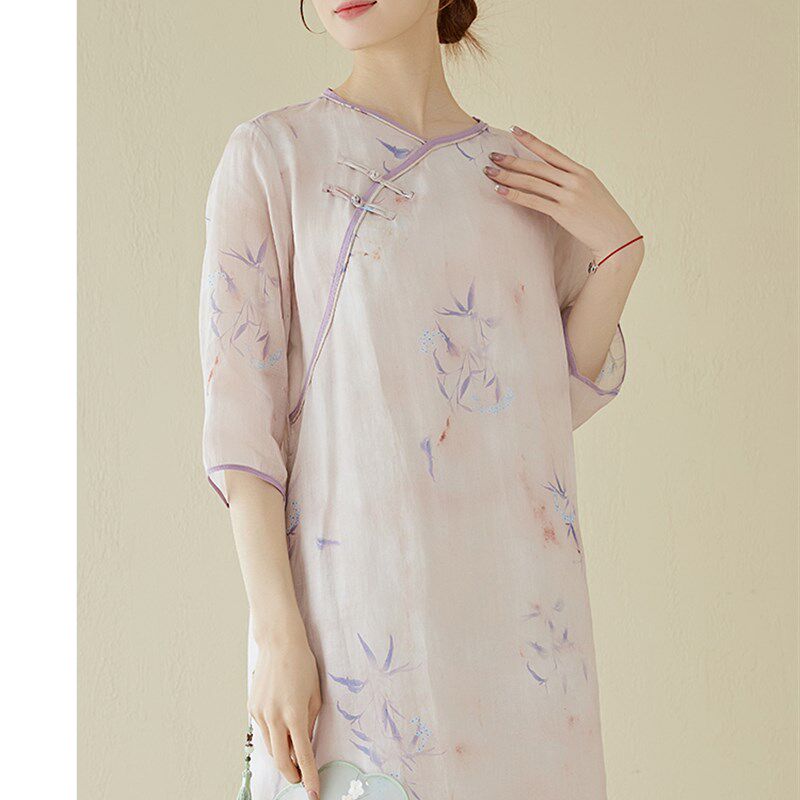 2024春夏新品清冷仙女新中式改良旗袍苎麻印花长裙国风连衣裙宽松