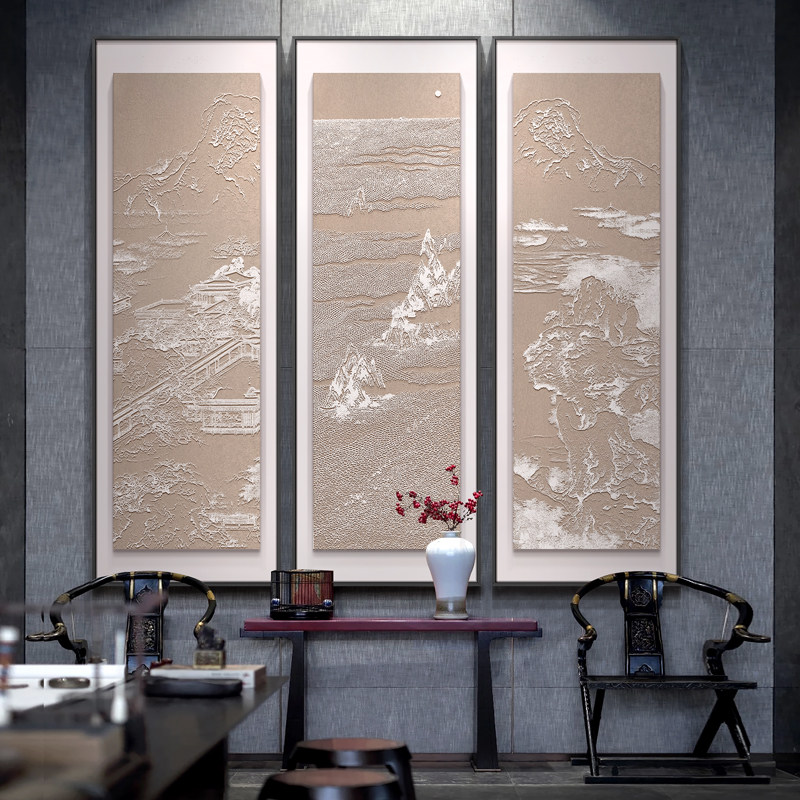 新中式风景多联组合客厅装饰画 高端大气浮雕实物立体竖幅挂画