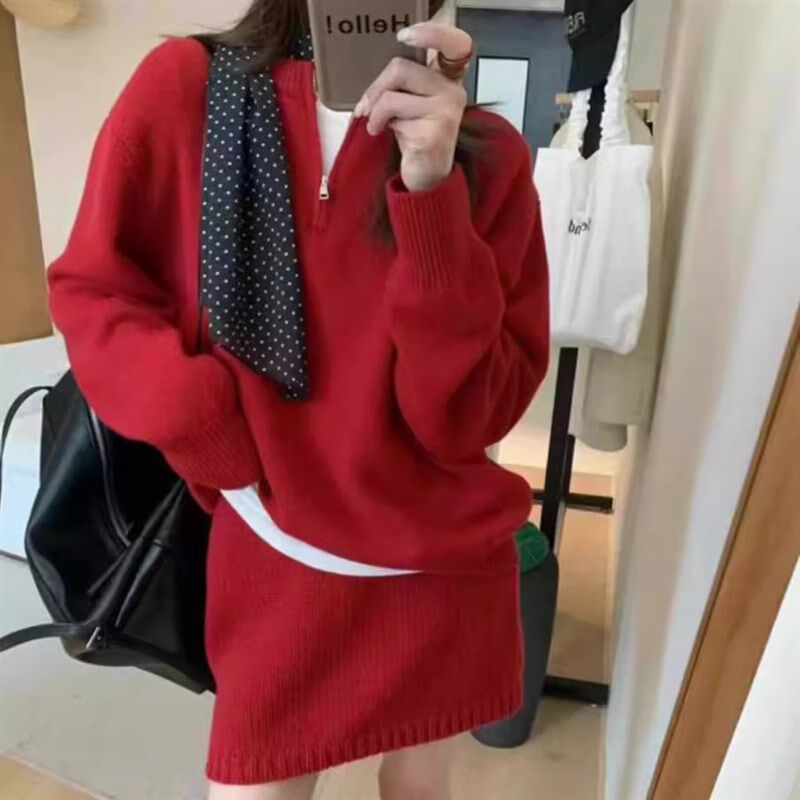 新年红半拉链套头毛衣搭半身裙套装女秋冬新款宽松时尚针织两件套