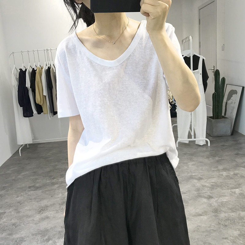 亚麻短袖白t恤女2020夏季宽松显瘦韩国纯色v领打底衫透气薄款上衣