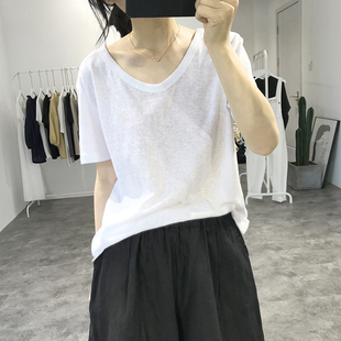 透气薄款 宽松显瘦韩国纯色v领打底衫 上衣 白t恤女2020夏季 亚麻短袖