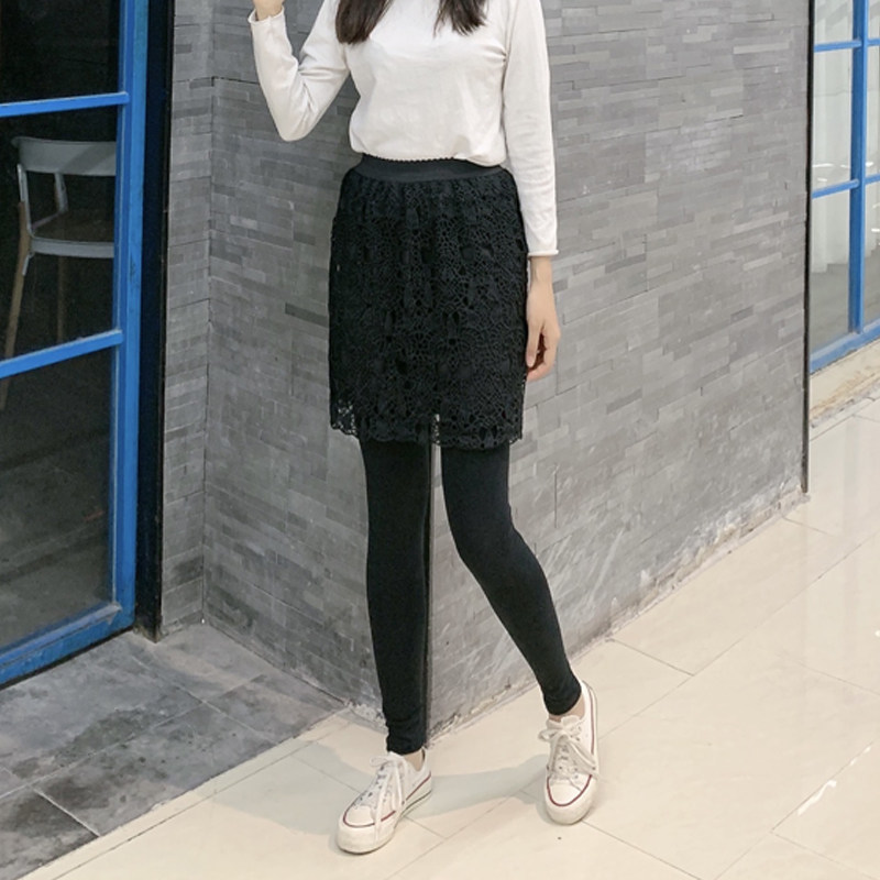 一体裙裤假两件打底裤蕾丝大码秋冬加绒加厚高腰女连裤裙纯棉磨毛