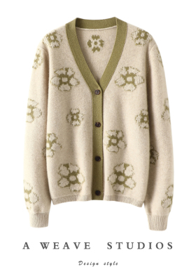 不同凡响~水墨花朵V领羊绒开衫女纯羊绒毛衣针织开衫外套秋冬加厚