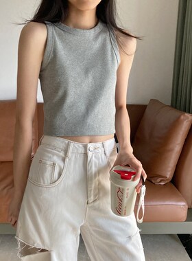 灰色背心女夏修身无袖纯色白色短款圆领紧身小吊带新款打底衫上衣