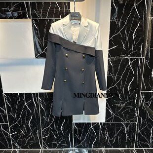 2025春秋款黑白拼接女士长袖西装连衣裙拼色收腰气质纯色常规显