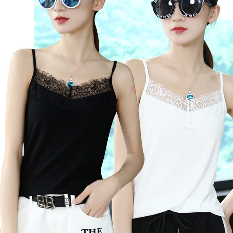纯棉吊带背心女防晒衣西装内搭白色夏修身显瘦蕾丝领打底上衣大码