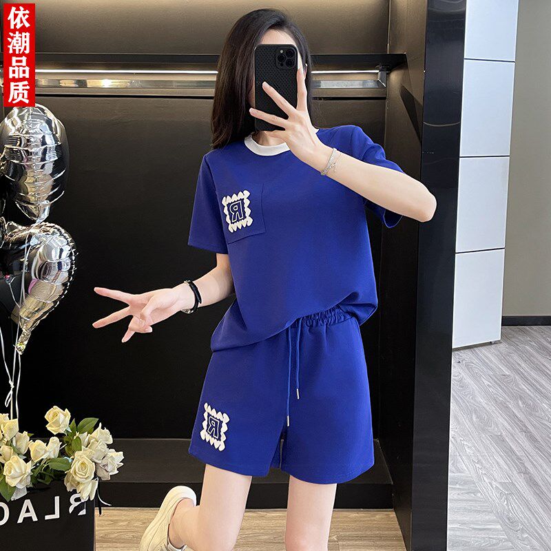 宝蓝色短袖短裤运动套装女夏撞色圆领宽松小个子跑步健身羽毛球服