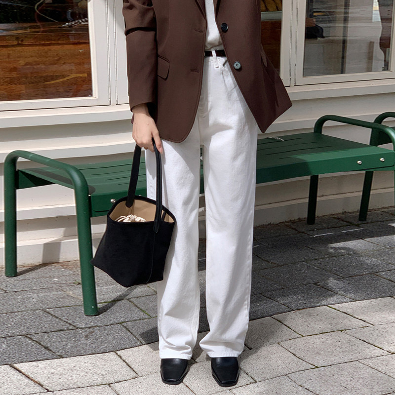 高街白色高腰阔腿牛仔裤女2025春秋美式宽窄版百搭显瘦垂感直筒裤