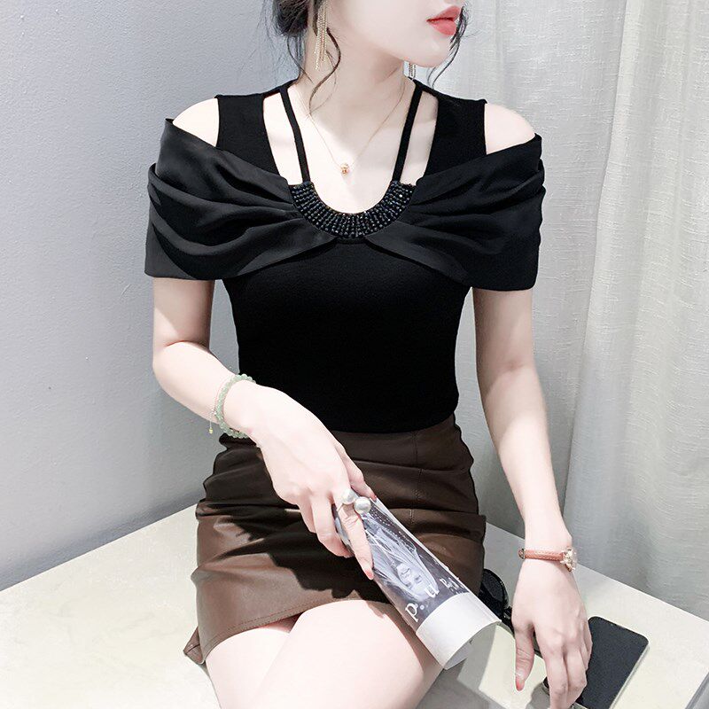 露肩V领T恤女短袖夏装欧货设计感钉珠洋气上衣气质显瘦小衫潮