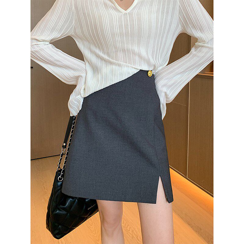 春秋设计感羊毛高腰灰色显瘦西装短裙包臀开叉A字高级气质半身裙