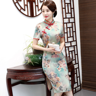 修身 中年夏款 40岁50中长款 优雅旗袍连衣裙中老年女装 裙子 妈妈短袖