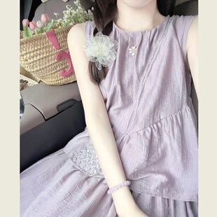 度假风紫色两件套背心连衣裙套装女夏小个子宽松显瘦无袖气质长裙