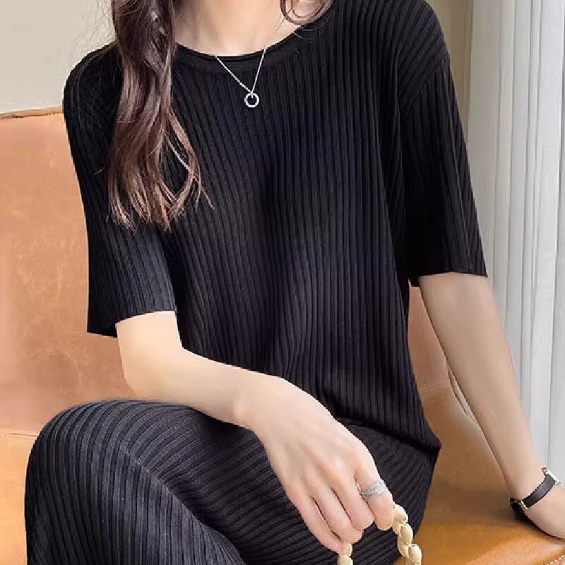 显瘦黑色连衣裙短袖针织长裙女冰丝宽松大码中长款裙子过膝打底裙