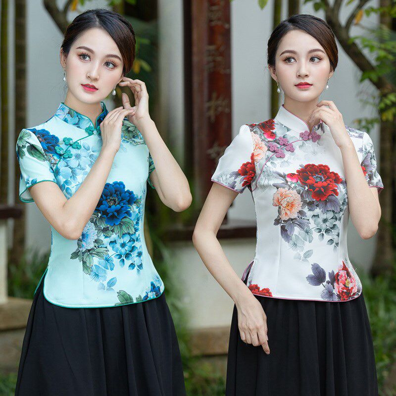旗袍唐装上衣女短袖夏季妈妈装改良民族风国风复古装汉服两件套装
