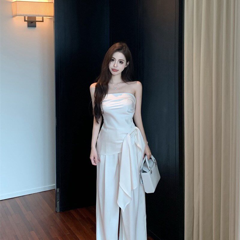 辣妹高级感不规则绑带收腰短款无袖抹胸背心女高腰显瘦阔腿裤套装