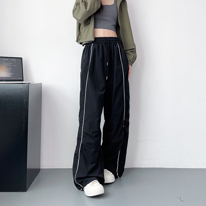 休闲运动裤女秋季大码胖mm抽绳松紧腰工装裤宽松显瘦束脚阔腿裤子