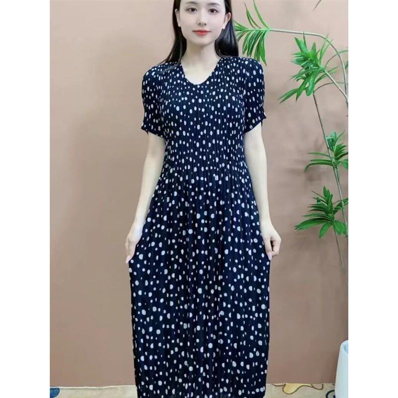 真丝褶皱连衣裙女夏季2024新款印花V领气质妈妈显瘦弹力长款裙子