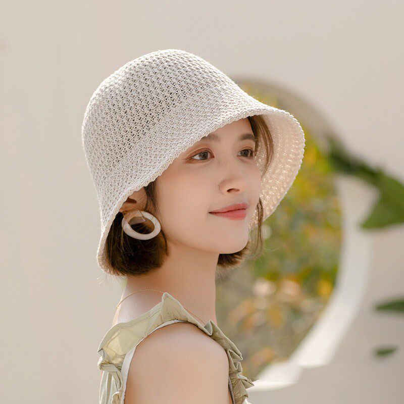 夏天镂空渔夫帽子假发女短发日系百搭薄款透气太阳帽防晒光头时尚