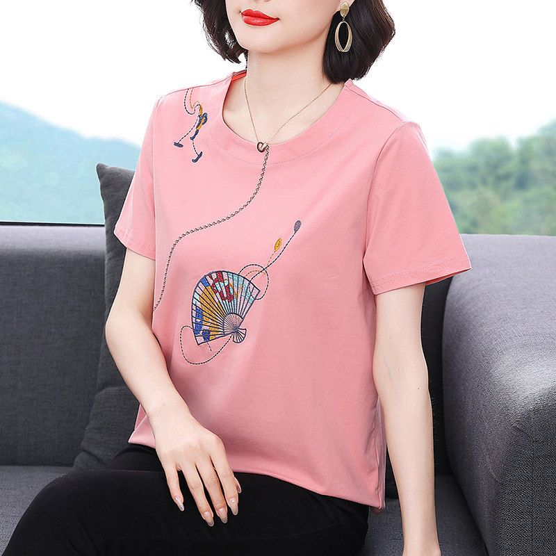 妈妈纯棉短袖T恤女2025新款夏季刺绣中年女士宽松洋气半袖体恤衫