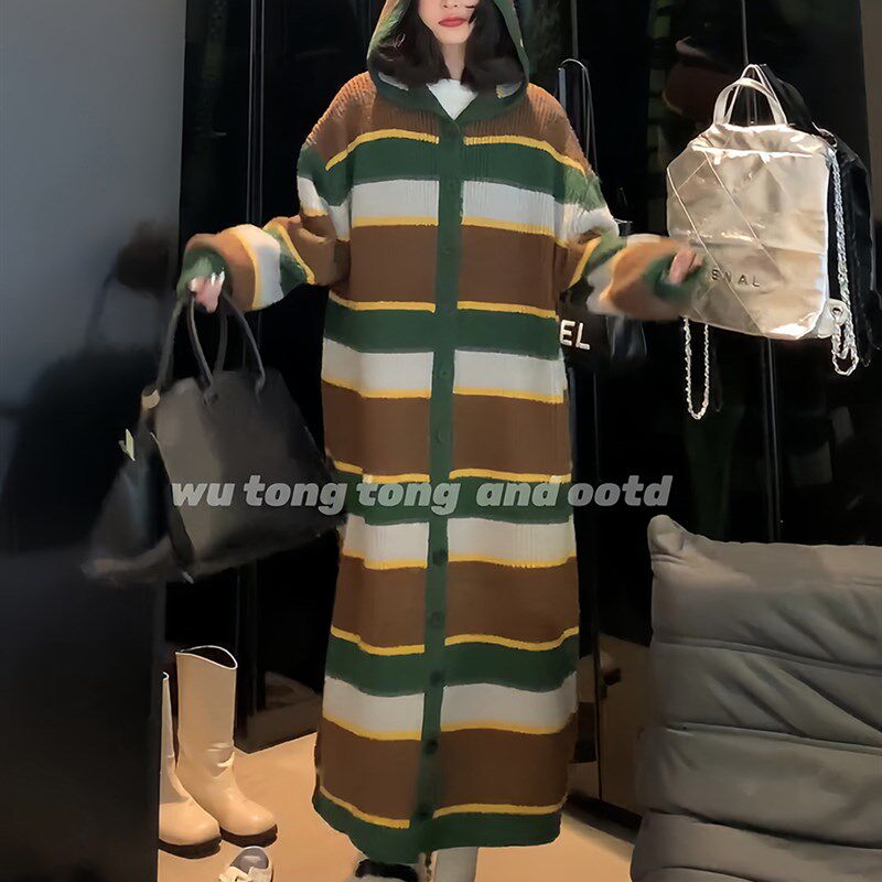 慵懒风条纹毛衣裙女2025秋冬新款宽松长款过膝开衫针织长袖连衣裙